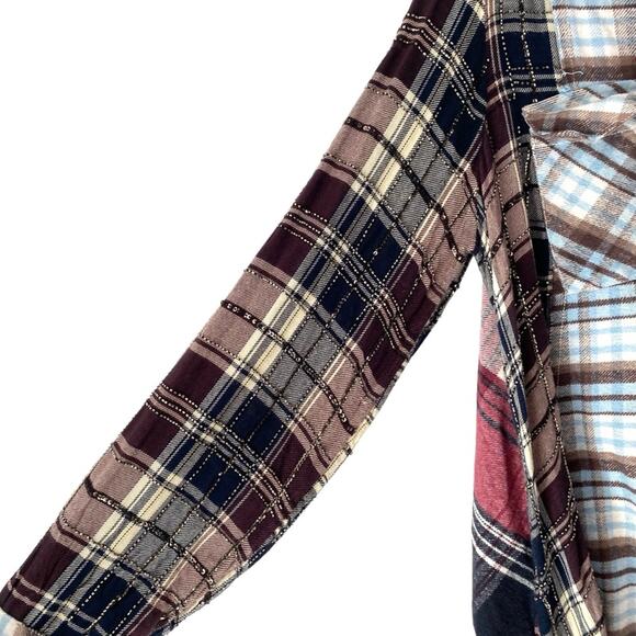 Free People Penny Plaid Mini Shirtdress Embellished Red Blue Beaded size Medium - Picture 5 of 15